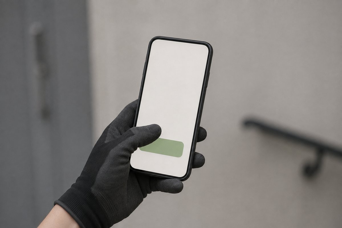 Handskbeklädd hand som håller en telefon med Hardhat-appen